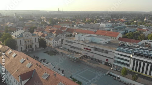 Aerial / drone footage of Pécs Synagogue. Pécs is the fifth largest city of Hungary, a major cultural center, on the slopes of the Mecsek mountains, administrative, economic center of Baranya County photo