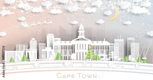 Cape Town South Africa City Skyline in Paper Cut Style with Snowflakes, Moon and Neon Garland.