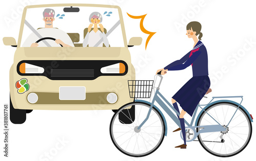 高齢者マークの車と高校生の自転車の事故イラスト