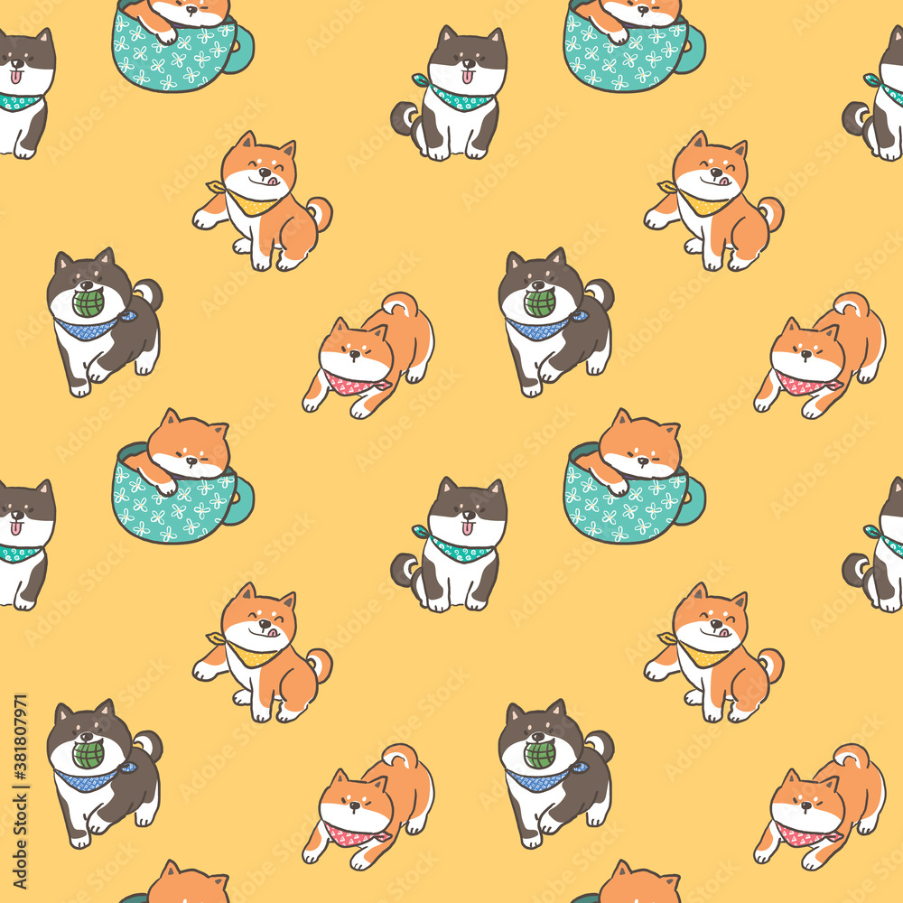 Seamless Pattern with Cute Cartoon Shiba Inu Dog Design on Yellow Background