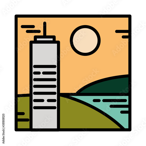 landcape building lake grass sun sky cartoon line and fill style
