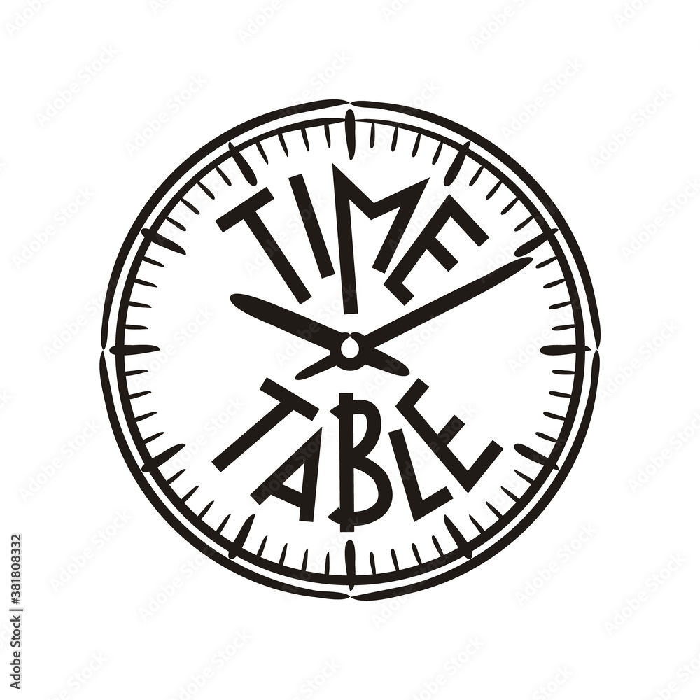 Timetable logo with hand drawn clock. Emblem for school projects, education poster, online learning. Vector illustration Timetable logo with hand drawn clock. Emblem for school projects, education poster, online learning. Vector illustration