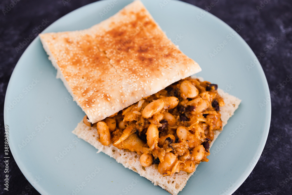 plant-based food, vegan butter bean and cauliflower sandwich with paprika and mixed spices plant-based food, vegan butter bean and cauliflower sandwich with paprika and mixed spices