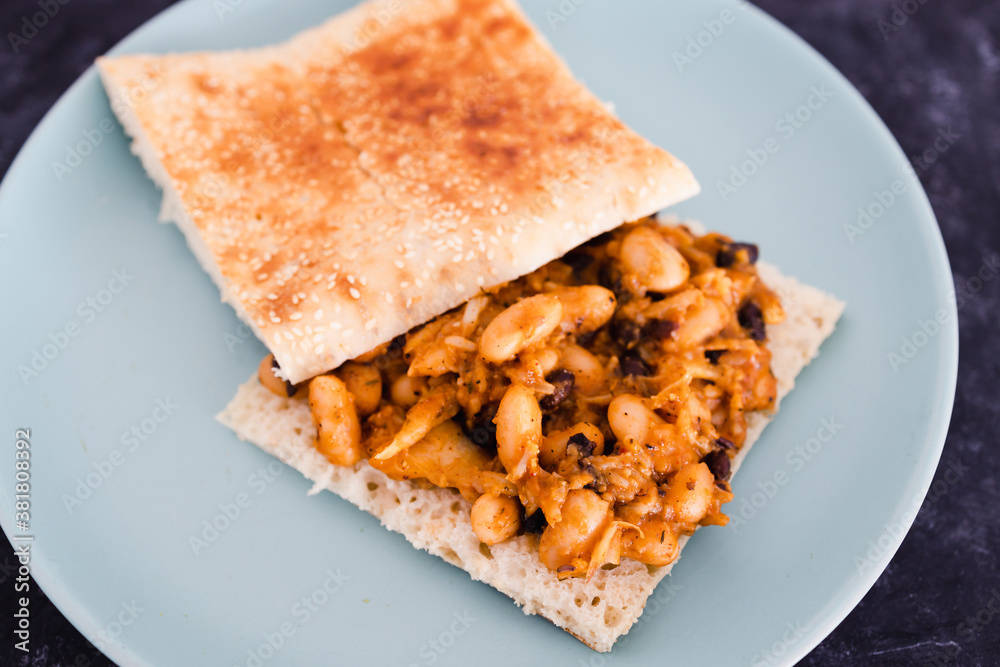 plant-based food, vegan butter bean and cauliflower sandwich with paprika and mixed spices