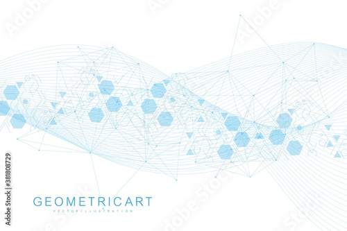 Science network pattern, connecting lines and dots. Technology hexagons structure or molecular connect elements.