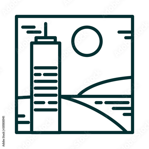 landcape building lake grass sun sky cartoon line icon style