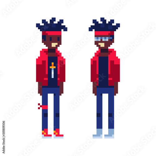 Pixel art african american guy character. Fashion man, pixel art style vector illustration. Afro hairstyle. Design of 80s. Game assets. 8-bit. Isolated abstract vector illustration. Video game sprite.