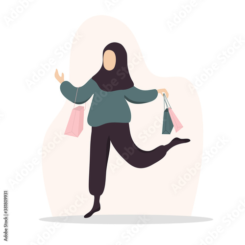 Woman shopping. Happy arab girl carrying bags. Vector cartoon illustration isolated on white background. Promotion and sale template.
