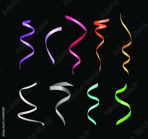Set of Realistic Isolated Colorful Balloons and Streamers on Black Background . Isolated Vector Elements