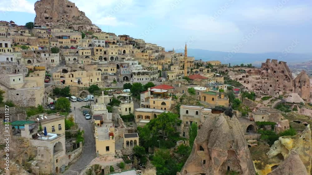 City of Goreme in Cappadocia at daytime, backwards aerial City of Goreme in Cappadocia at daytime, backwards aerial