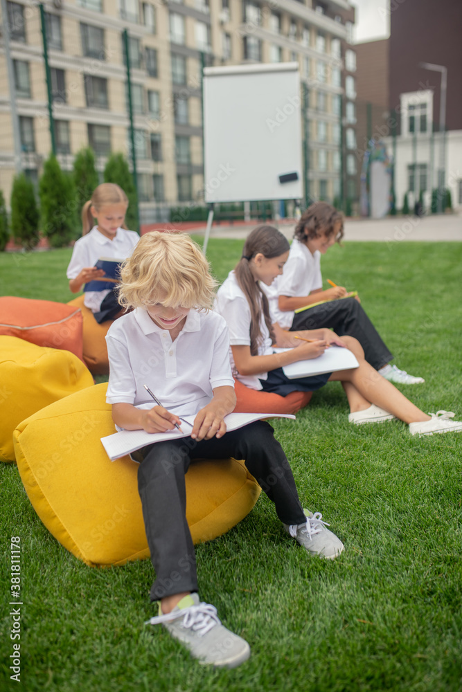 Group of schoolchildren having a lesson outside and looking concentrated Group of schoolchildren having a lesson outside and looking concentrated