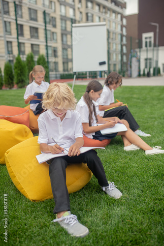 Group of schoolchildren having a lesson outside and looking concentrated