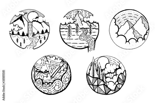 lack round mountain river temporary tattoo stickers. Hand dwaning.  vector illustration collection, eps 10