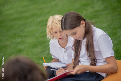 Schoolchildren studying together and looking involved