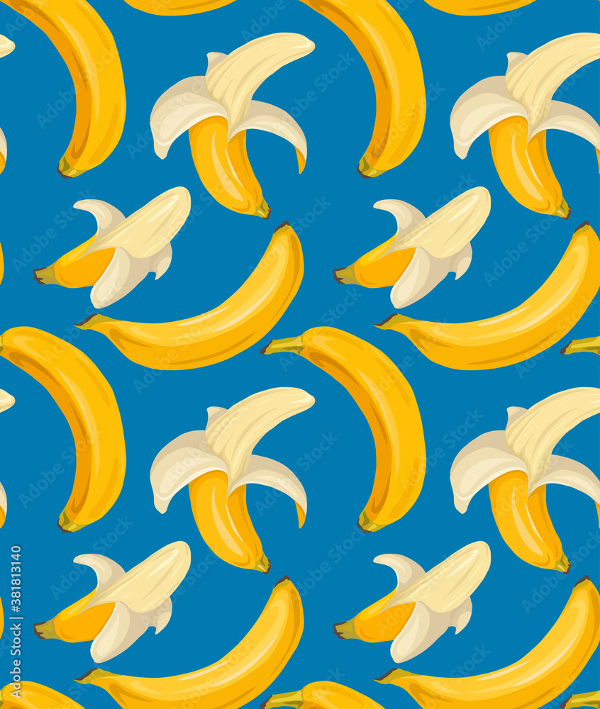 Cartoon seamless pattern with juicy bananas on blue background. Tropical trendy fruits. Vector contrast pattern for fabrics, wallpapers and your creativity. Cartoon seamless pattern with juicy bananas on blue background. Tropical trendy fruits. Vector contrast pattern for fabrics, wallpapers and your creativity.