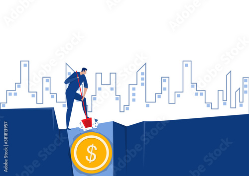 businessman dig the earth in search of hidden bag money. Vector illustration