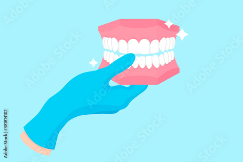 Vector cartoon hand of a dentist in a blue glove that hold a dental phantom or plastic model of human jaw.