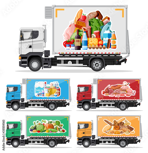 Truck car full of food products. Shop and farm delivering service. Delivery and selling grocery products concept. Meat, milk, bread, vegetables. Cargo and logistic. Cartoon flat vector illustration