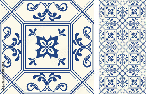 Seamless Azulejo tile. Portuguese and Spain decor. Ceramic tile. Vector hand drawn illustration, typical portuguese and spanish tile