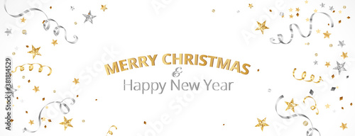 Christmas banner with decoration. Falling confetti, festive border. Celebration golden and silver frame. For New Year and winter holiday banners, headers, party flyers. Vector illustration.
