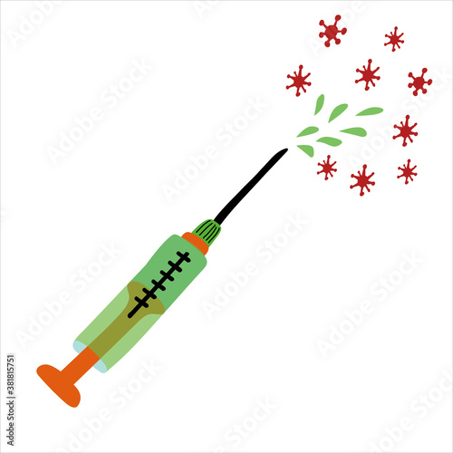 Syringe and viruses. Vector illustration isolated on white background. Great for vaccination posters design. Hand drawn cartoon style. Medicine, prevention and healthy care theme.