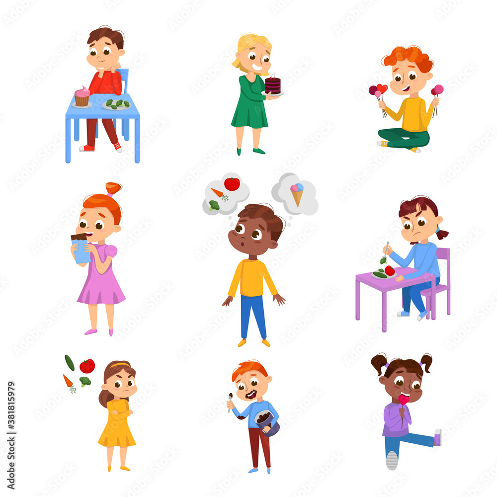 Kids Choosing Between Healthy and Unhealthy Food Set, Boys and Girls Do Not Like Vegetables and Enjoying of Eating Sweet Desserts Cartoon Style Vector Illustration