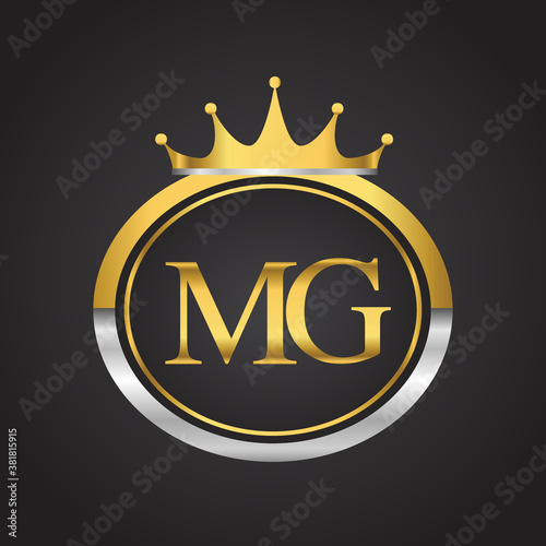 initial letter MG logotype company name with oval shape and crown, gold and silver color. vector logo for business and company identity.