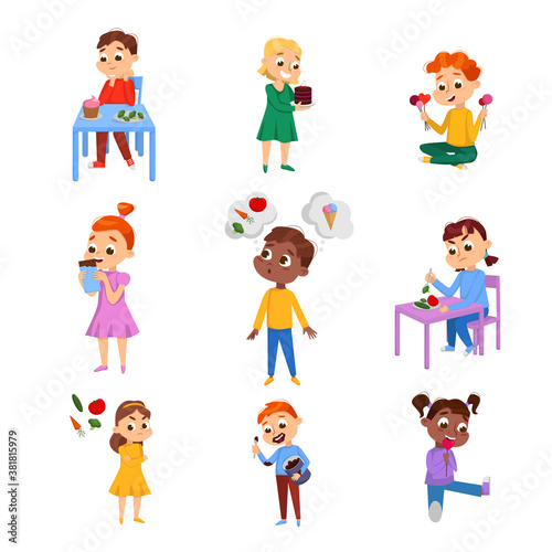 Kids Choosing Between Healthy and Unhealthy Food Set  Boys and Girls Do Not Like Vegetables and Enjoying of Eating Sweet Desserts Cartoon Style Vector Illustration