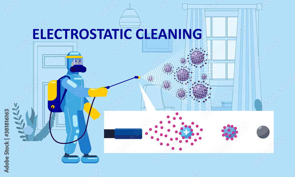 Electrostatic Disinfection Cleaning service. Man dressed in uniform in a special suit with equipment with electrostatic spray conducts disinfection in the living room. Vector illustration in a flat