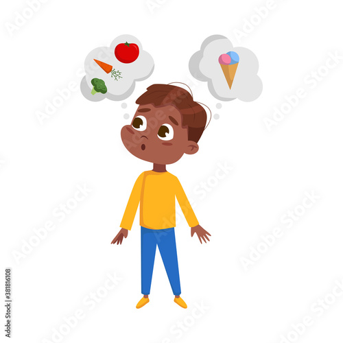 Cute Hungry African American Boy Want to Eat, Kid Choosing Between Healthy and Unhealthy Food Cartoon Style Vector Illustration