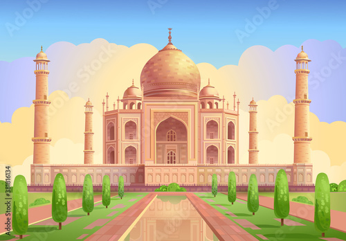 Taj Mahal is a palace in India. Mosque. Landmark, architecture, hindu temple in the Indian city of Agra, Uttar Pradesh. Vector illustration