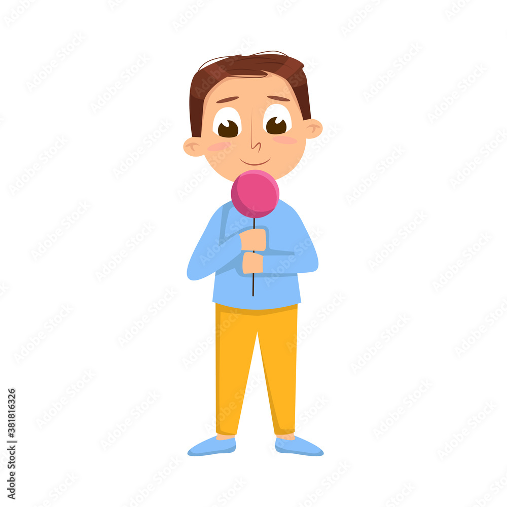 Cute Boy Licking Candy on Stick, Kid Enjoying of Eating Lollipop Dessert Cartoon Style Vector Illustration