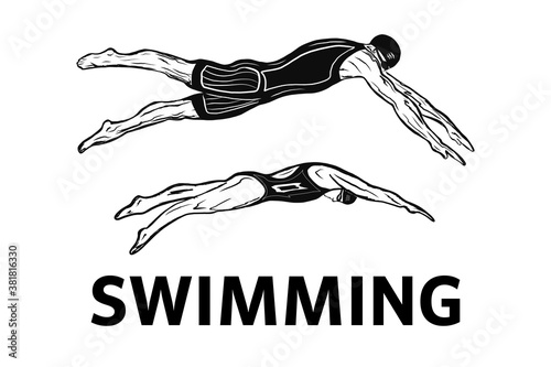 Design Of The Swimming Club Logo. Design of the swimmer s badge.vector illustration in a minimalistic style with the inscription swimming. Suitable for banners and posters of sporting events.