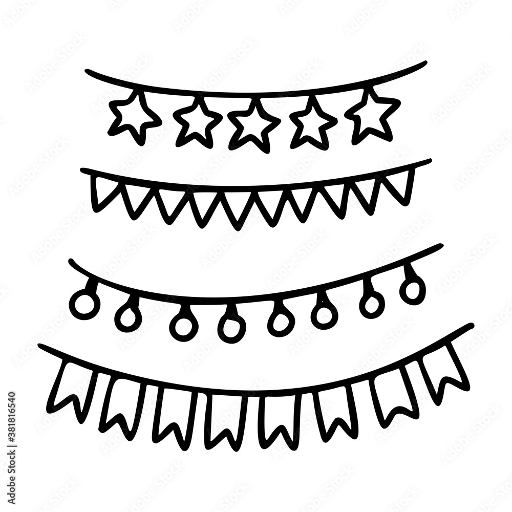 Christmas garland outline hand drawn element. Xmas doodle icon element for logo. Christmas garland hand drawn set. Modern simple style. Vector illustration isolated on white background.