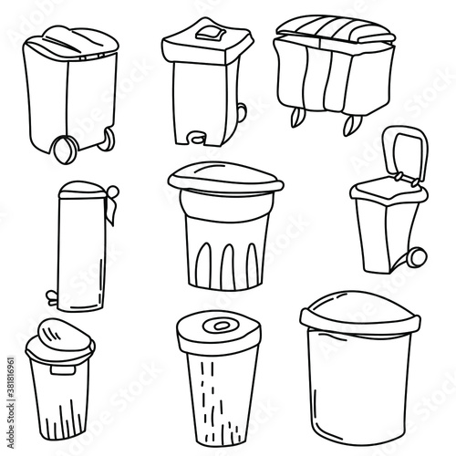 Set of trash bins and bins, recycling and collection of garbage, containers of different shapes, doodle outline drawings