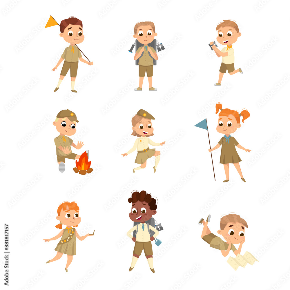 Cute Scouts Boys and Girls Set, Scouting Children Characters in Uniform, Summer Holiday Activities Concept Cartoon Style Vector Illustration
