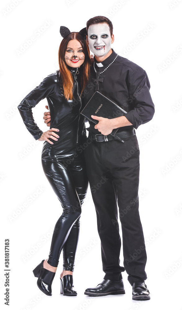 Friends in Halloween costumes on white background Friends in Halloween costumes on white background