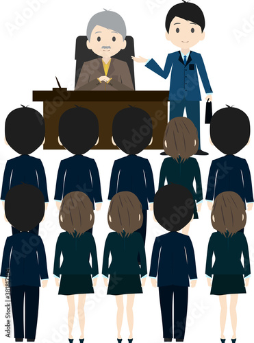 説明会で説明しようとする社長と秘書のイラスト