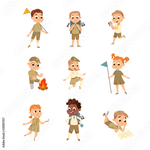 Cute Scouts Boys and Girls Set  Scouting Children Characters in Uniform  Summer Holiday Activities Concept Cartoon Style Vector Illustration