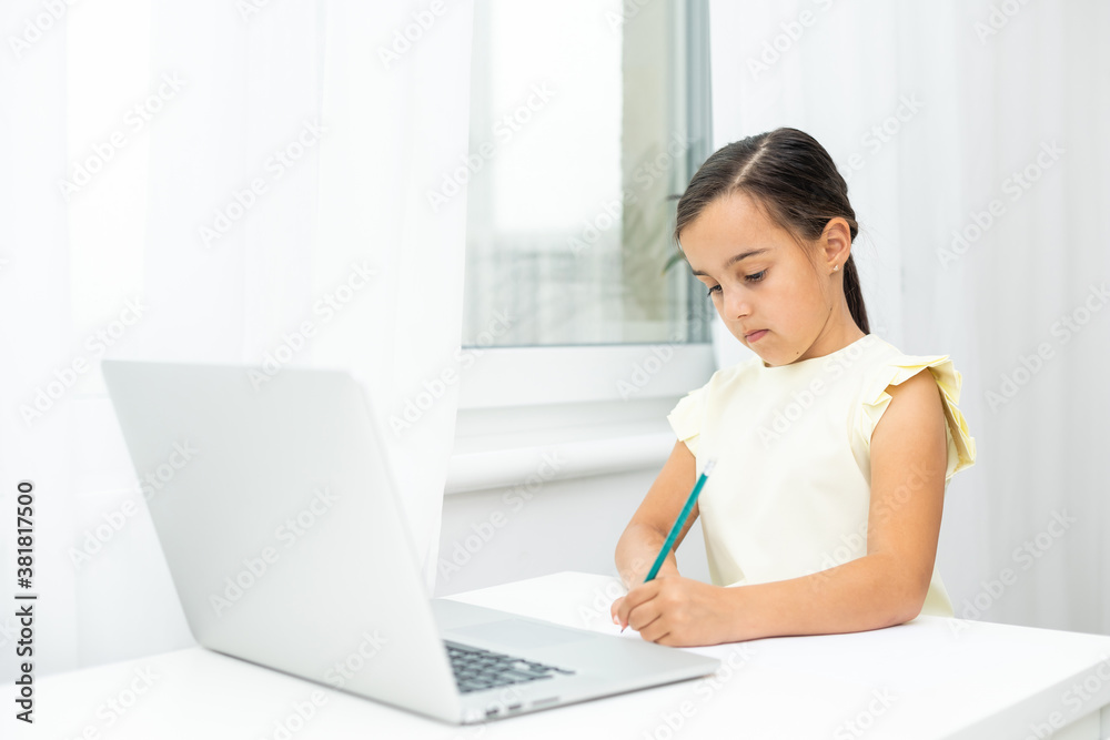 cheerful young little girl children using laptop computer, studying through online e-learning system cheerful young little girl children using laptop computer, studying through online e-learning system