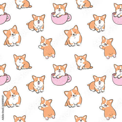 Seamless Pattern with Cute Cartoon Corgi Dog Illustration Design on White Background