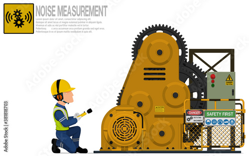 An industrial worker is measuring sound level of the rolling machine