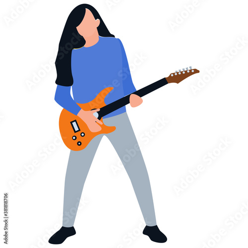 
Flat rounded icon, guitarist playing guitar 

