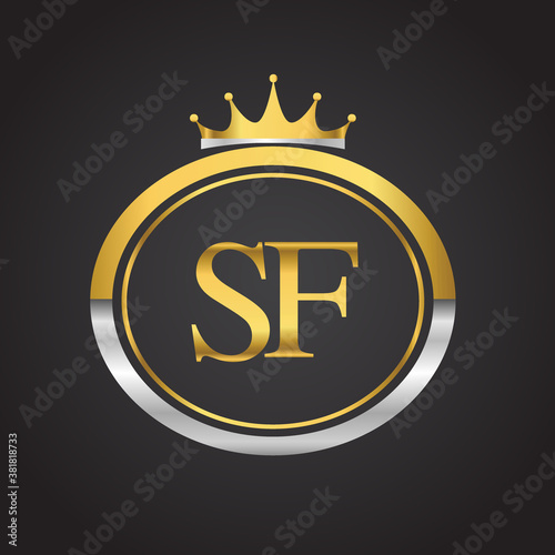 initial letter SF logotype company name with oval shape and crown, gold and silver color. vector logo for business and company identity.