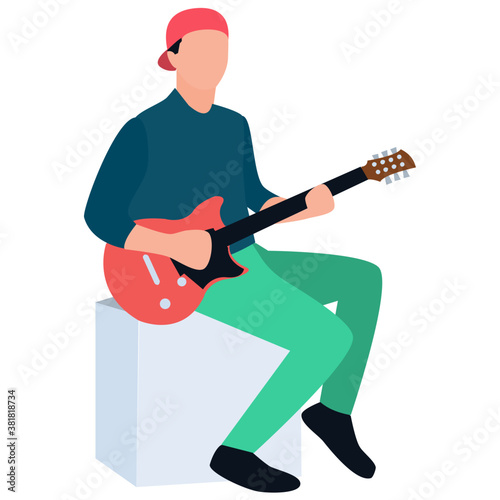 
Flat rounded icon, guitarist playing guitar 
