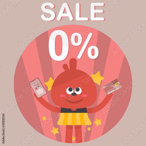 The vector of 0% interest rate, paying by installments with credit card. Creative  flat design for advertising banner.