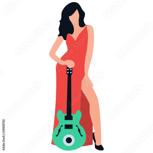 
Flat rounded icon, guitarist playing guitar 
