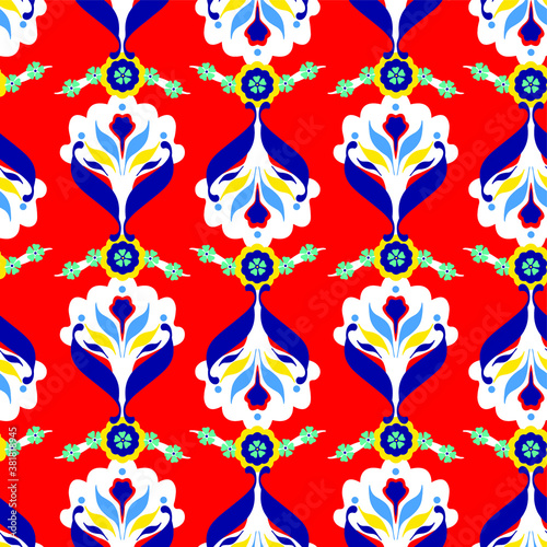 Abstract Hand Drawing Damask Ethnic Ceramic Folk Flowers and Leaves Repeating Vector Pattern Isolated Background
