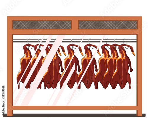 crispy duck hanging in showcase, Chinese food vector illustration