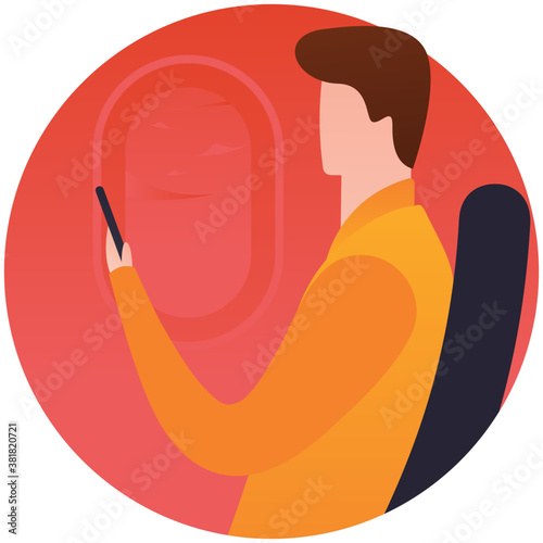 
Boy using phone with luggage in a flat illustration 
